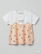 Girls Peach Panel Dress with Printed Skirt – Casual Summer Frock