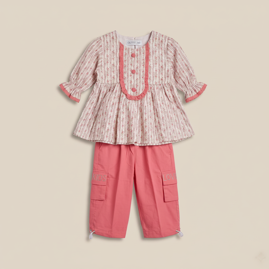 Girls Printed Peplum Top & Cargo Pants Set – Pink