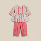 Girls Printed Peplum Top & Cargo Pants Set – Pink