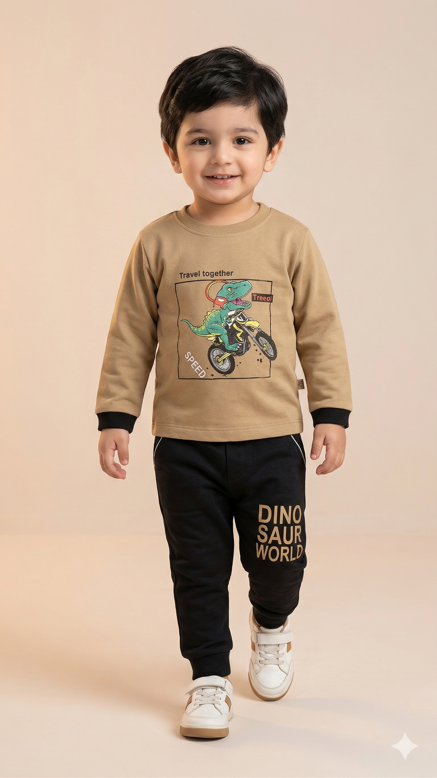 Boys Graphic Sweatshirt & Jogger Set – Soft Cotton Outfit (Beige & Black)