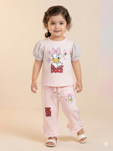 Girls Peach Cartoon Graphic T-Shirt & Printed Trousers Set – Casual Cotton Outfit