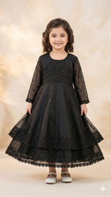 Girls Layered Net Party Dress – Elegant Maxi (Black)