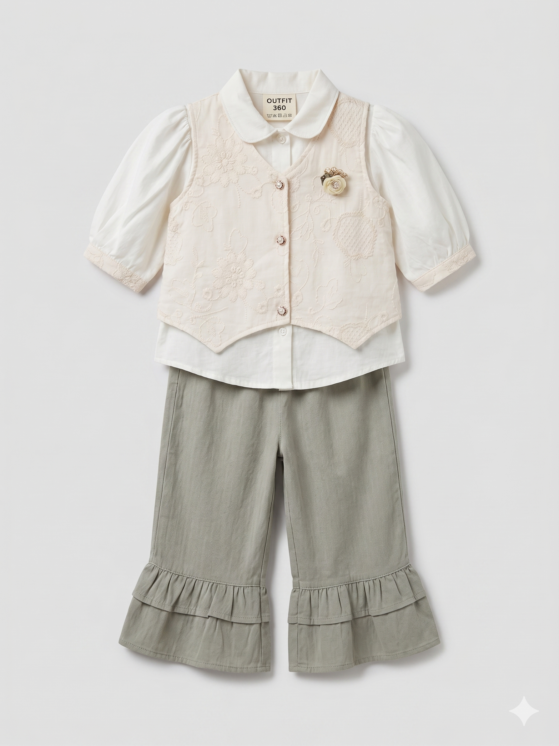 Girls Embroidered Waistcoat Top & Frill Pants Set – Beige & Olive