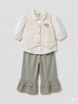 Girls Embroidered Waistcoat Top & Frill Pants Set – Beige & Olive