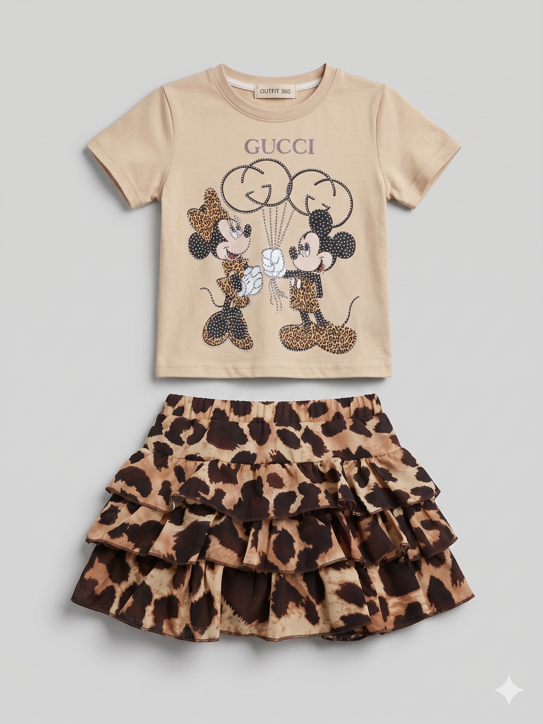 Girls Cartoon Graphic T-Shirt & Leopard Print Skirt Set – 2-Piece Outfit