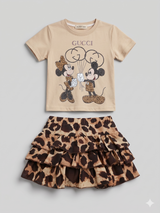 Girls Cartoon Graphic T-Shirt & Leopard Print Skirt Set – 2-Piece Outfit