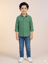 Boys Solid Green Utility Pocket Shirt