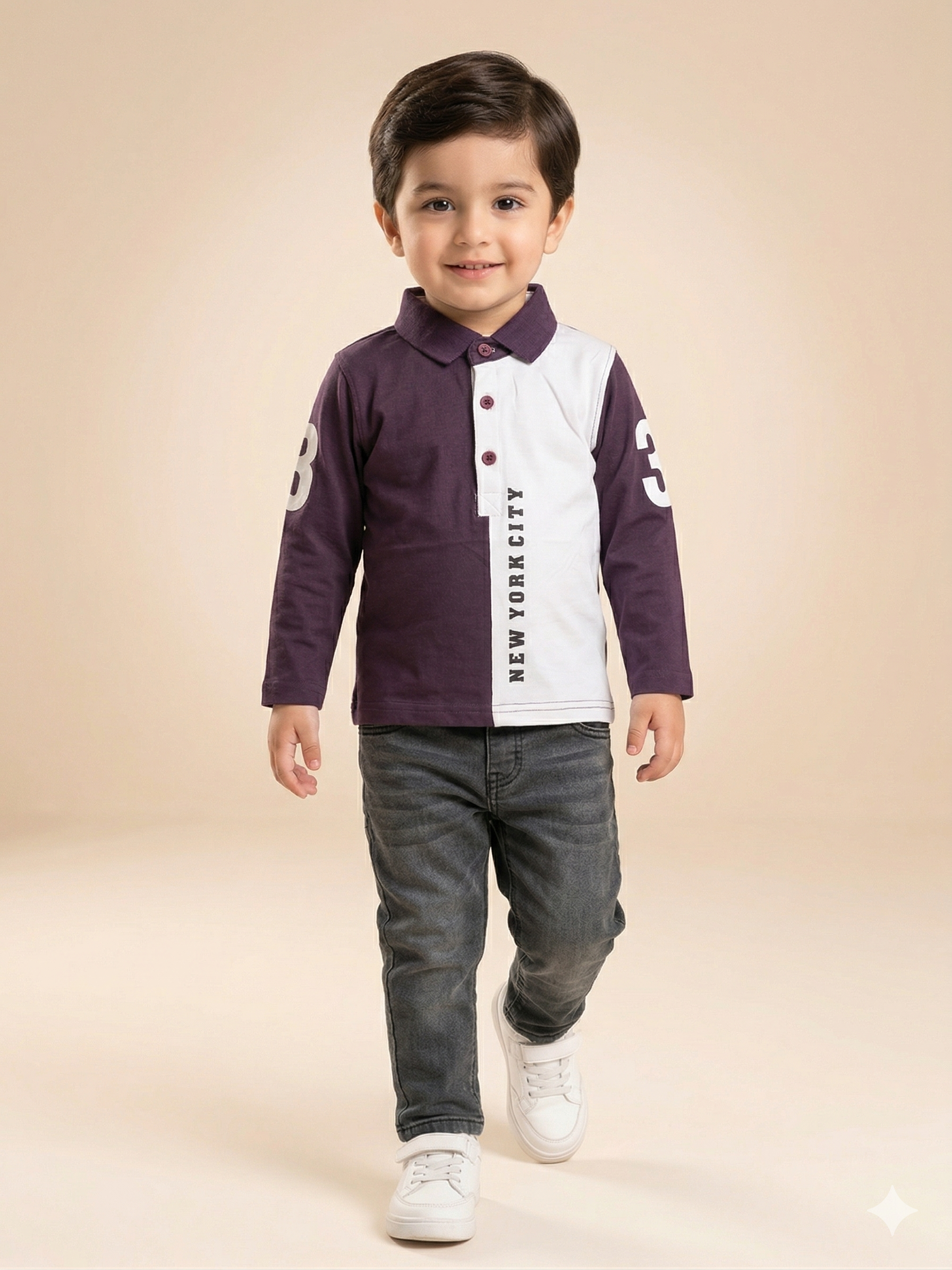 Boys Purple & White Color Block Polo T-Shirt – Casual Cotton Long Sleeve Top