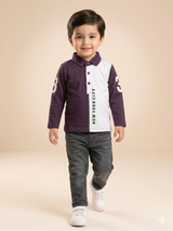 Boys Purple & White Color Block Polo T-Shirt – Casual Cotton Long Sleeve Top