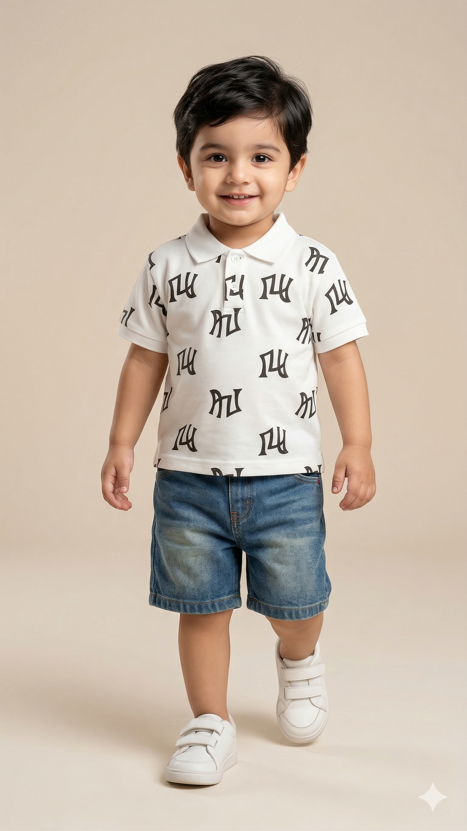 Boys Printed T-Shirt & Denim Shorts Set – Soft Cotton Summer Outfit (White & Blue)