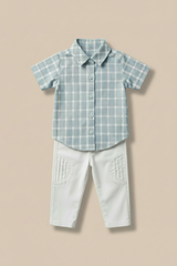 Kids Summer Check Shirt & White Pants Set – Sky Blue