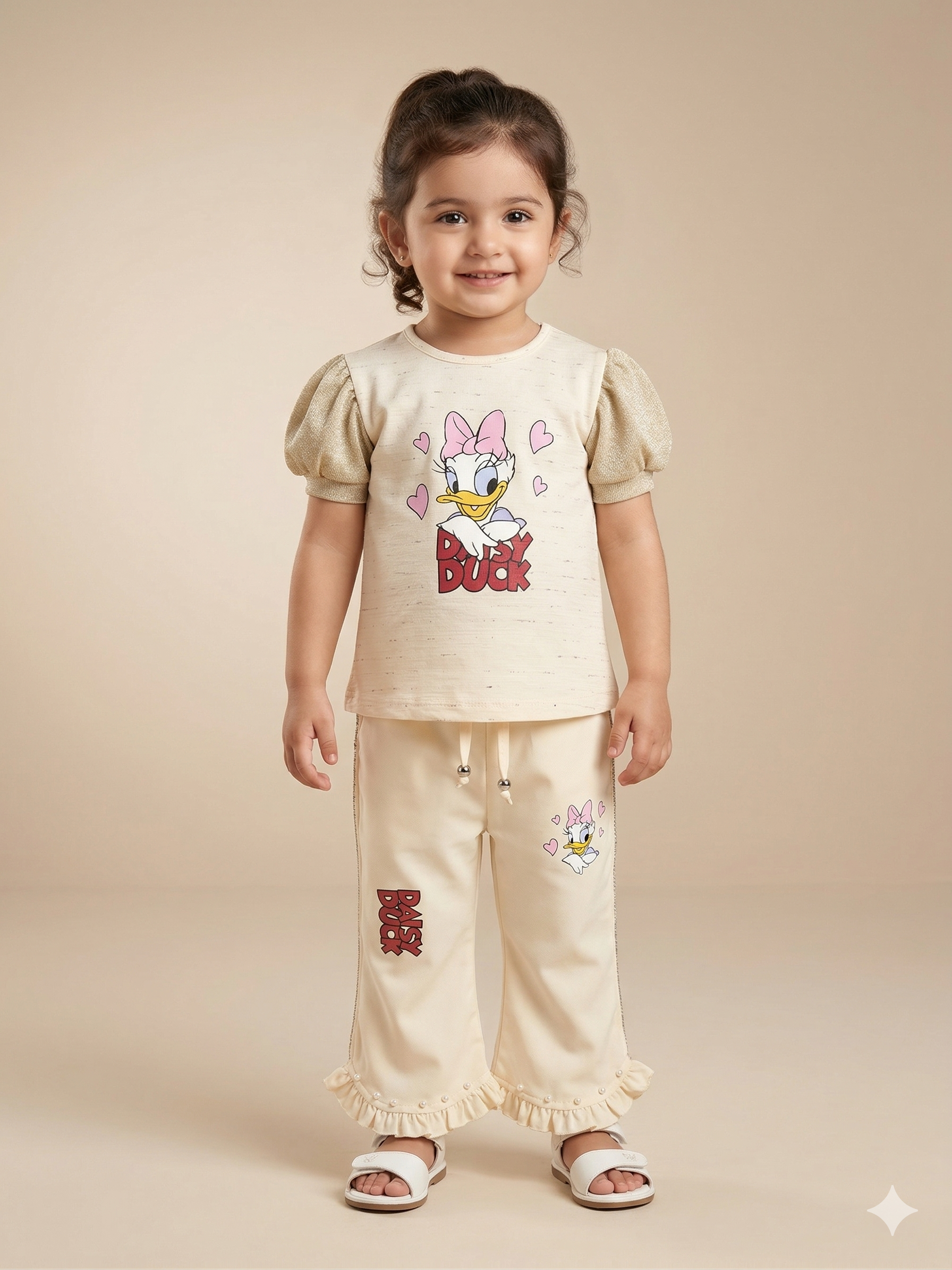 Girls Cream Cartoon Graphic T-Shirt & Trousers Set – Casual Cotton Outfit