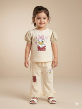 Girls Cream Cartoon Graphic T-Shirt & Trousers Set – Casual Cotton Outfit