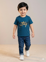 Boys Teal “Stay” Graphic T-Shirt – Casual Cotton Short Sleeve Top