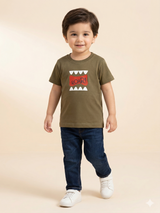 Boys Olive Green Graphic T-Shirt – Casual Cotton Short Sleeve Top