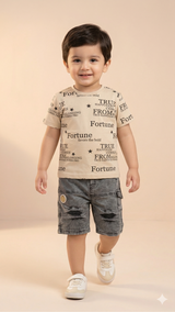 Boys Printed T-Shirt & Denim Shorts Set – Soft Cotton Summer Outfit (Beige & Grey)