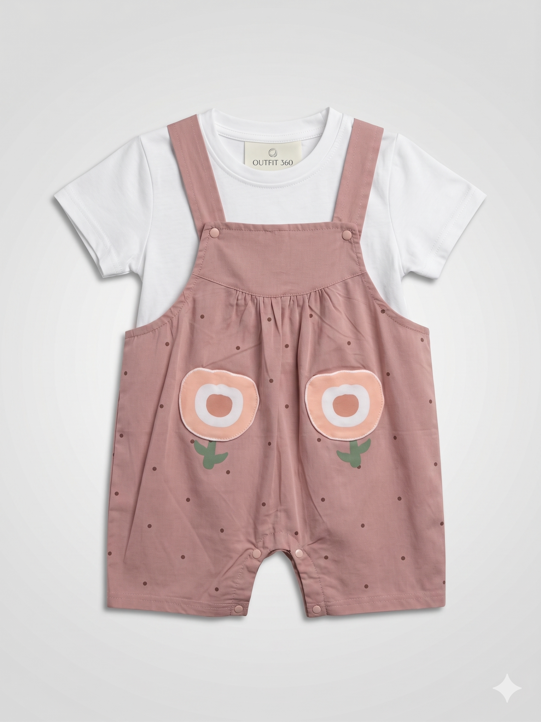 Baby Girls 2-Piece Dungaree Set – Floral Pocket Romper with White Tee (Dusty Pink)