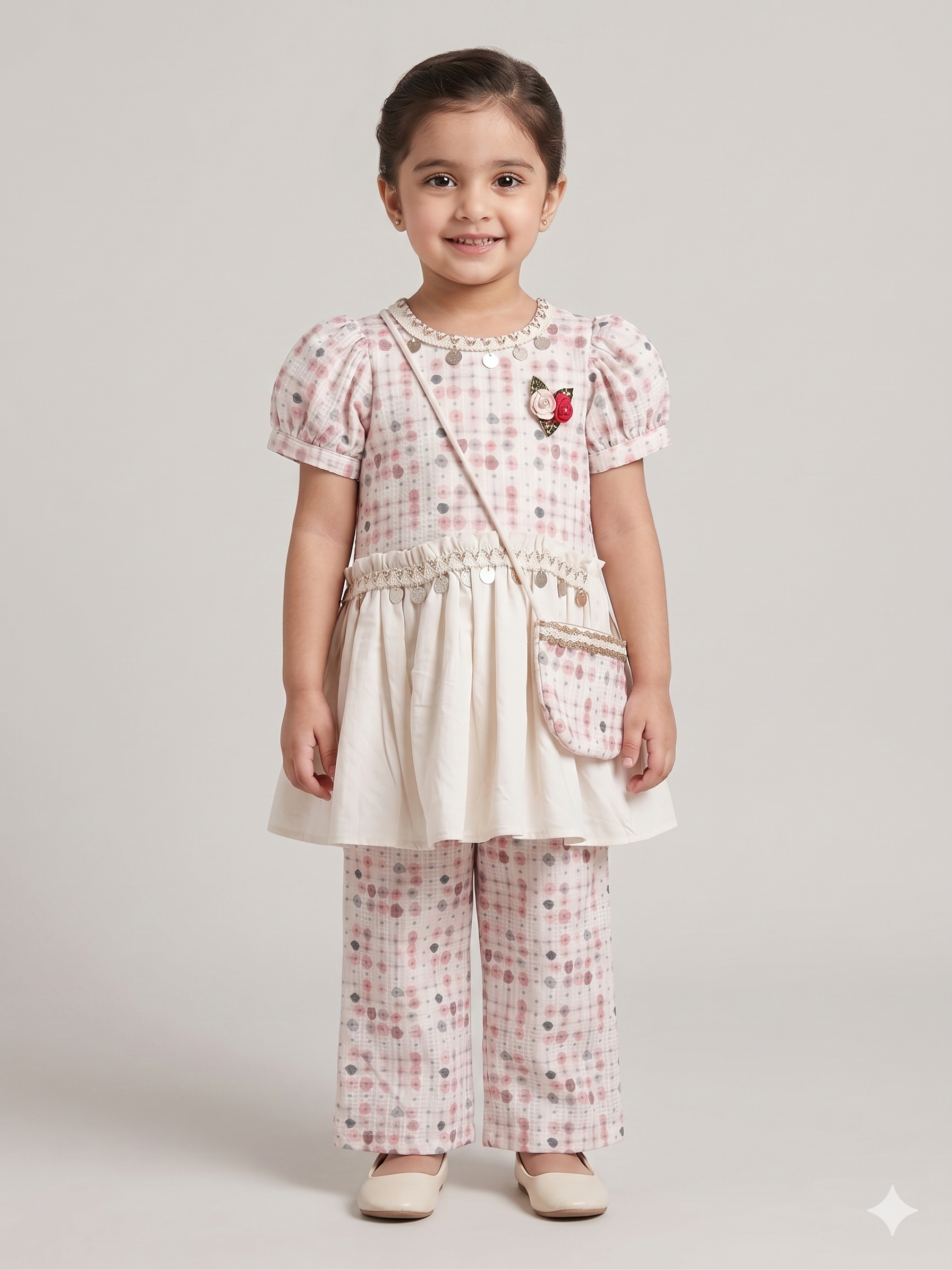 Girls Printed Peplum Top & Pants Set with Mini Bag – Cream & Pink