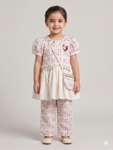 Girls Printed Peplum Top & Pants Set with Mini Bag – Cream & Pink
