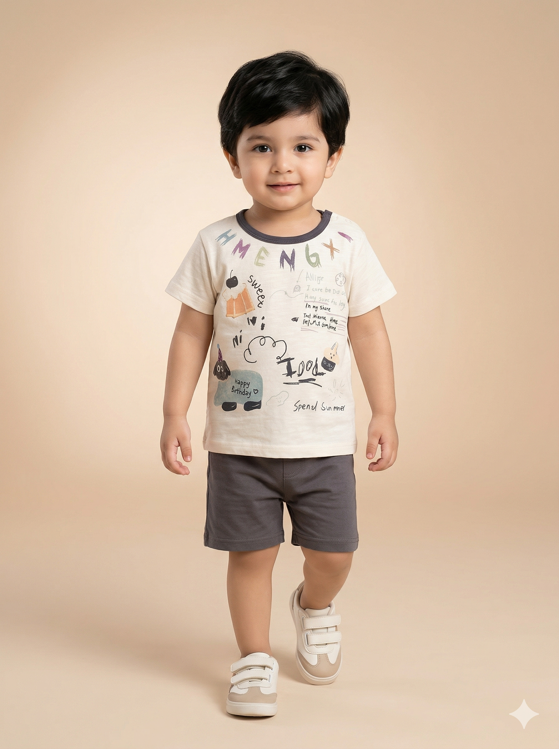 Boys Cream Printed T-Shirt & Shorts Set – Casual Cotton Summer Outfit