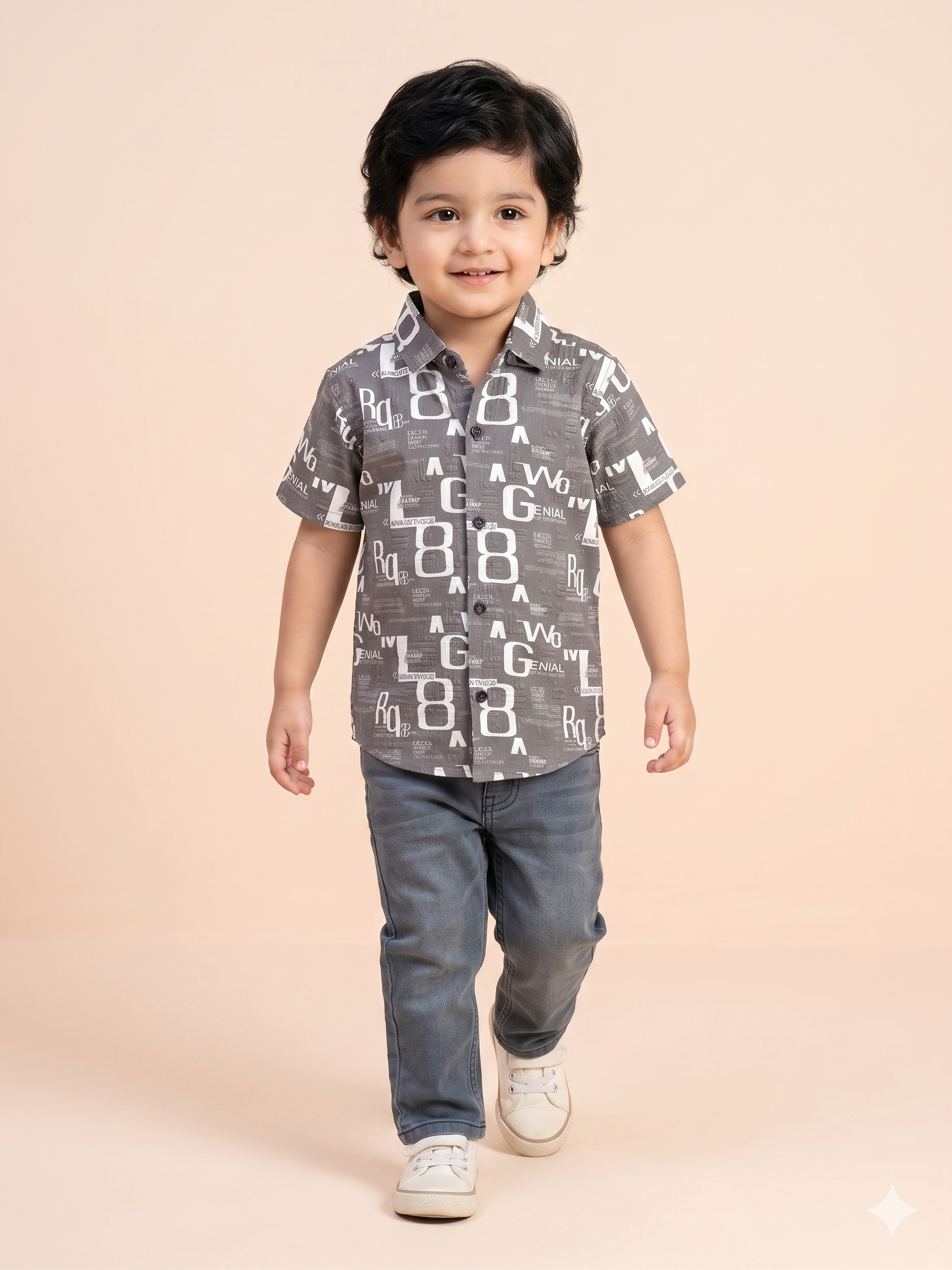 Boys Grey Printed Shirt – Casual Cotton Short Sleeve Top