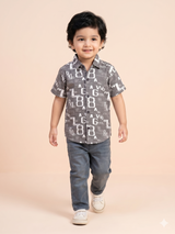 Boys Grey Printed Shirt – Casual Cotton Short Sleeve Top