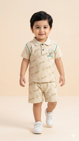 Boys Summer Co-Ord Set – Cotton Shirt & Shorts Outfit (Beige)