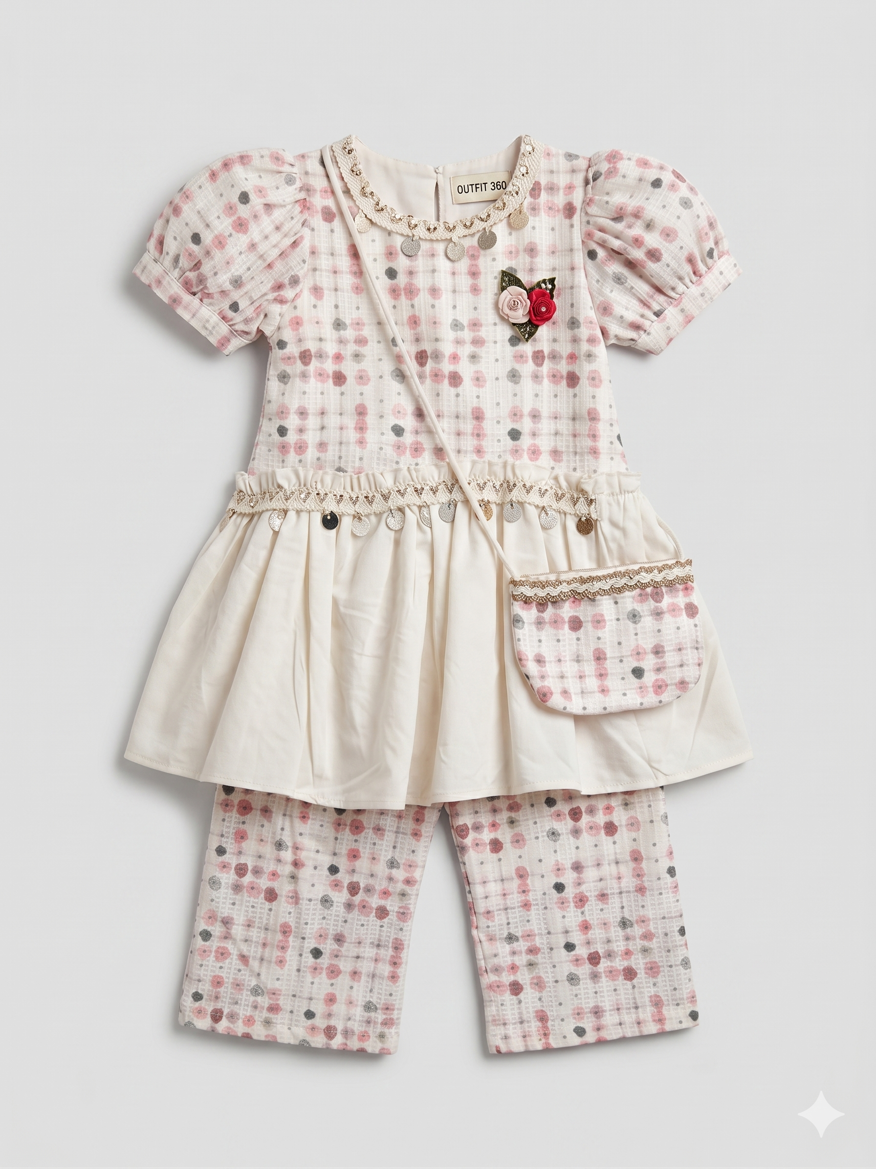 Girls Printed Peplum Top & Pants Set with Mini Bag – Cream & Pink
