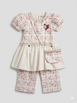 Girls Printed Peplum Top & Pants Set with Mini Bag – Cream & Pink