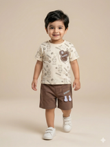 Boys Cream Printed T-Shirt & Brown Shorts Set – Casual Cotton Summer Outfit