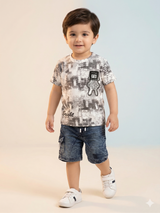 Boys Grey Printed T-Shirt & Denim Shorts Set – Casual Cotton Summer Outfit