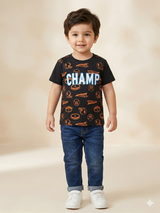 Boys Black “Champ” Graphic T-Shirt – Casual Cotton Short Sleeve Top