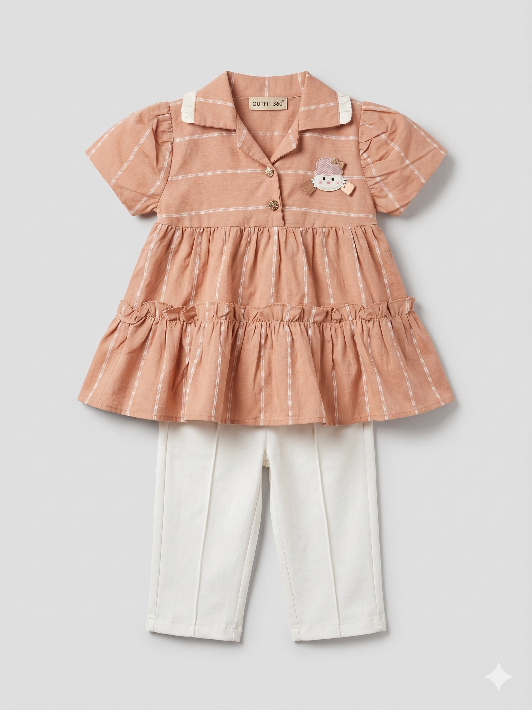 Girls Peach Peplum Top & White Pants Set – 2-Piece Casual Outfit