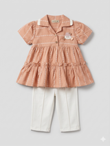 Girls Peach Peplum Top & White Pants Set – 2-Piece Casual Outfit