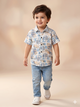 Boys Blue Printed Shirt – Casual Cotton Short Sleeve Top