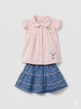Girls Pink Button Top & Denim Frill Skirt Set – Cute Casual Style