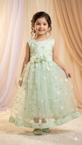 Girls Embellished Party Dress – Sleeveless Net Maxi (Mint Green)