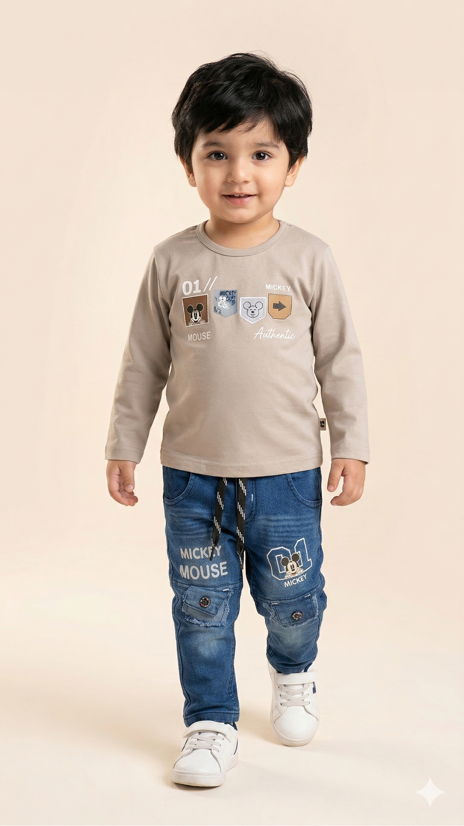 Boys Graphic Long Sleeve T-Shirt & Denim Jeans Set – Casual Cotton Outfit (Beige & Blue)