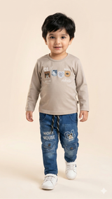 Boys Graphic Long Sleeve T-Shirt & Denim Jeans Set – Casual Cotton Outfit (Beige & Blue)