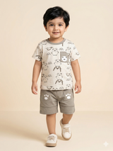 Boys Beige Printed T-Shirt & Shorts Set – Casual Cotton Summer Outfit