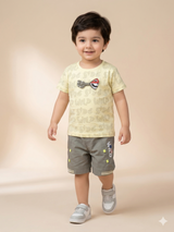 Boys Light Yellow Graphic T-Shirt & Olive Shorts Set – Casual Cotton Summer Outfit