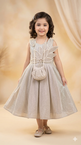 Girls Embellished Party Dress – Elegant Flared Midi with Bow (Champagne Beige)