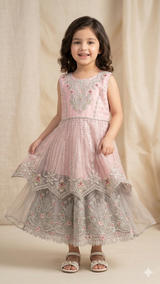 Girls Embroidered Party Dress – Sleeveless Net Midi (Peach & Grey)