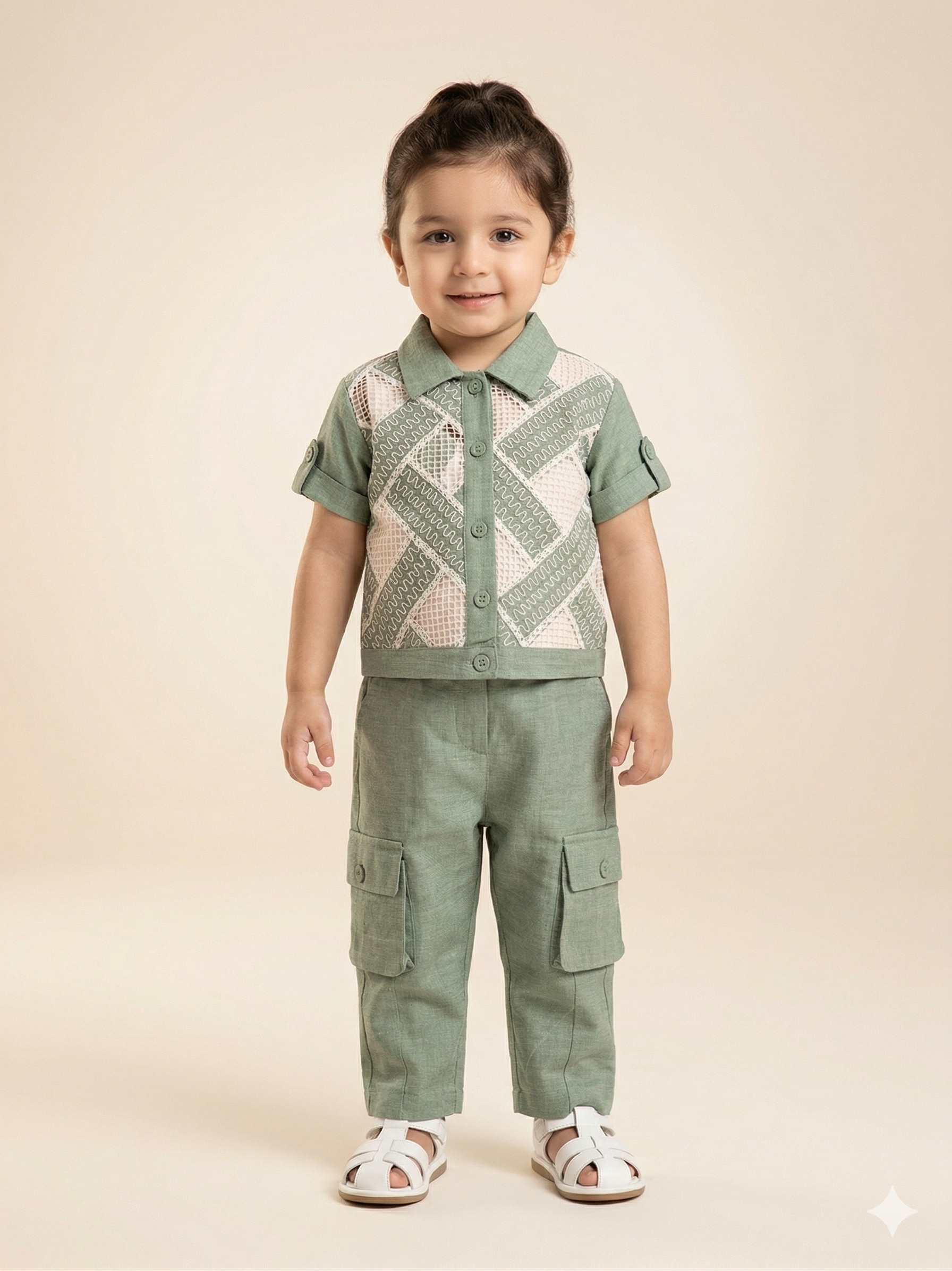Kids Olive Printed Shirt & Trousers Set – Casual Cotton Outfit