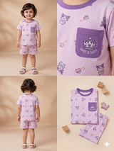Girls Lavender Printed T-Shirt & Shorts Set – Casual Cotton Summer Outfit