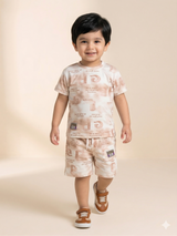 Boys Beige Printed T-Shirt & Shorts Set – Casual Cotton Summer Outfit