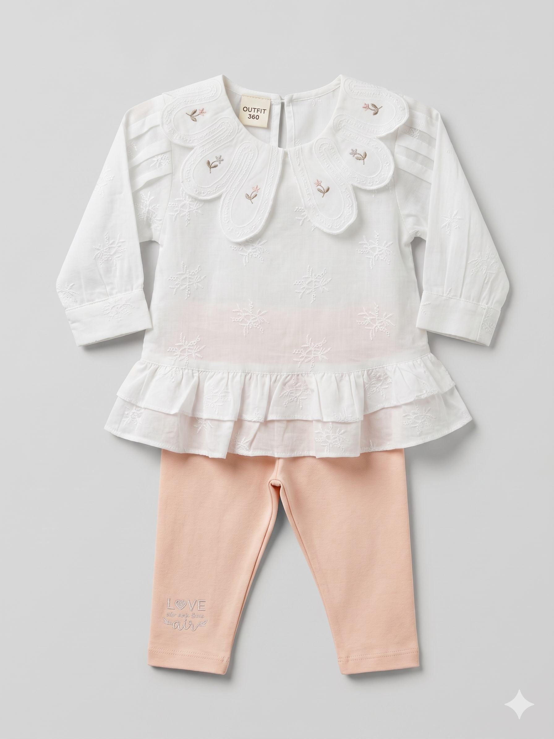 Girls Embroidered Frill Top & Peach Leggings Set – White
