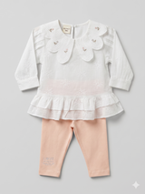 Girls Embroidered Frill Top & Peach Leggings Set – White