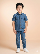 Boys Casual Button-Up Shirt – Soft Cotton Half Sleeve Top (Blue)