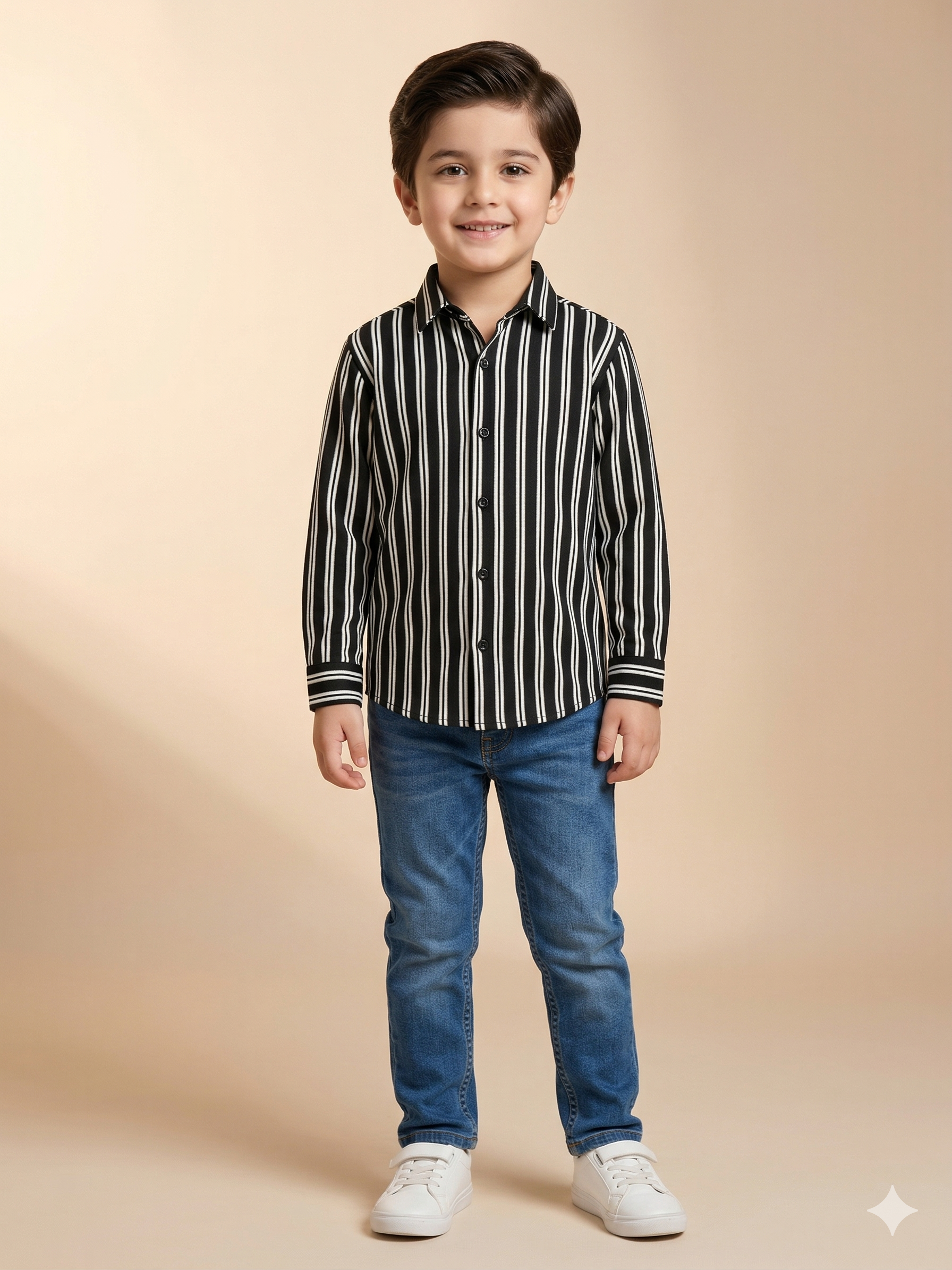 Boys Black & White Striped Casual Shirt – Long Sleeve Stylish Kids Shirt